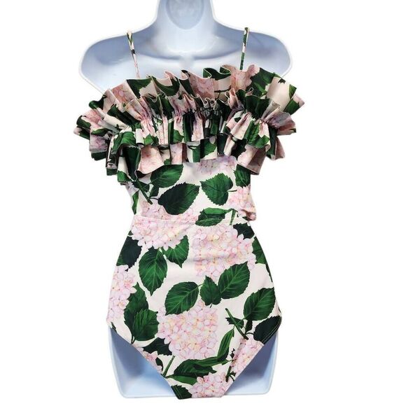 Ruffle Bandeau Hydrangea Split Swimsuit Set Women's Bikini Skirt Floral Print - Picture 4 of 8